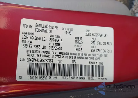 2006 Dodge Grand Caravan Sxt из США, поврежденный, VIN 2D4GP44L56R727464